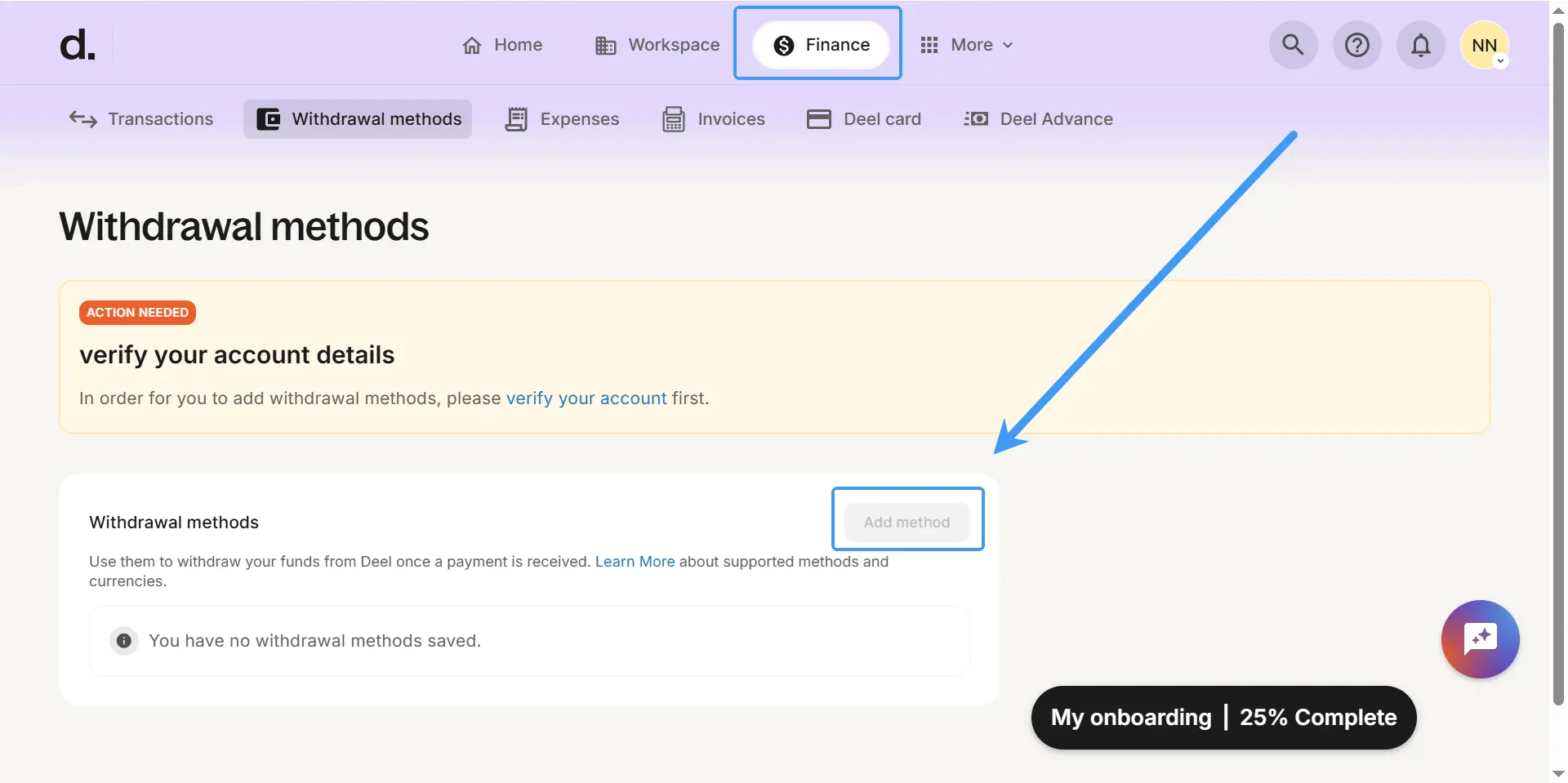 Add a withdrawal method in Deel