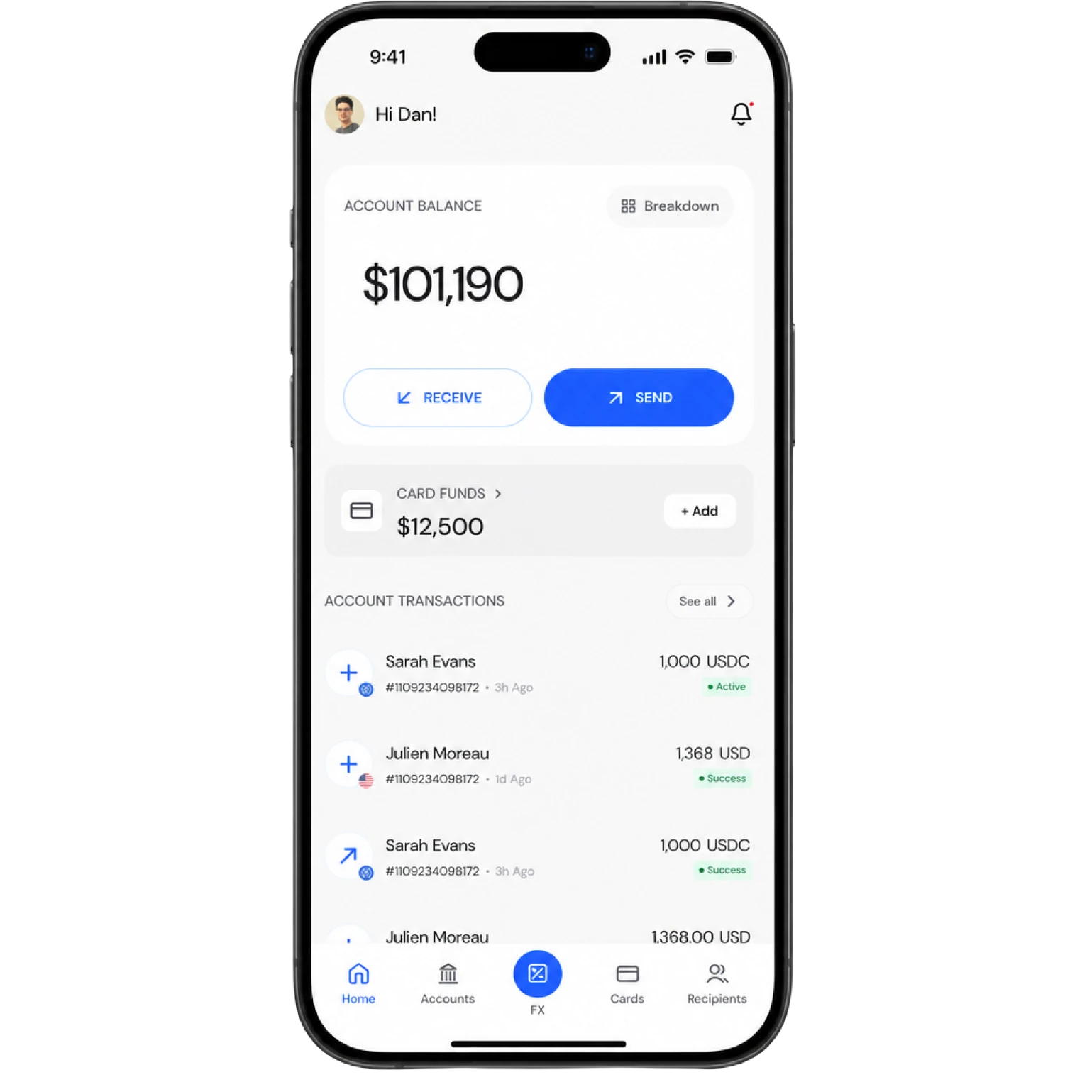 The Endl app showing a global account balance of $101,190 with receive and send actions, card funds and recent cross-border transactions.