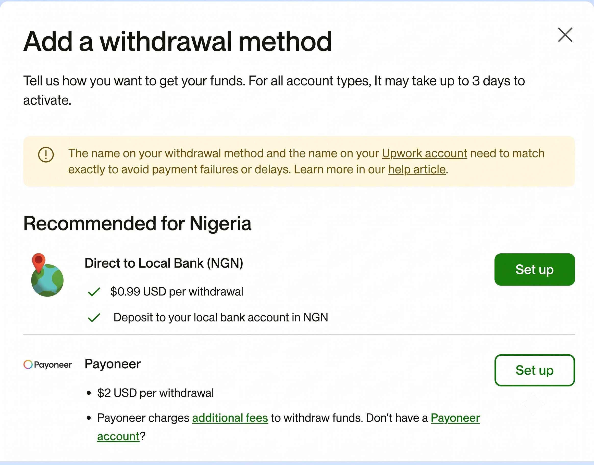 Add a withdrawal method in Upwork